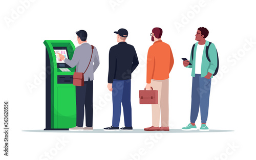 Waiting near ATM semi flat RGB color vector illustration. People queue to pay with terminal. Withdraw cash from kiosk. Bank customers isolated cartoon character on white background