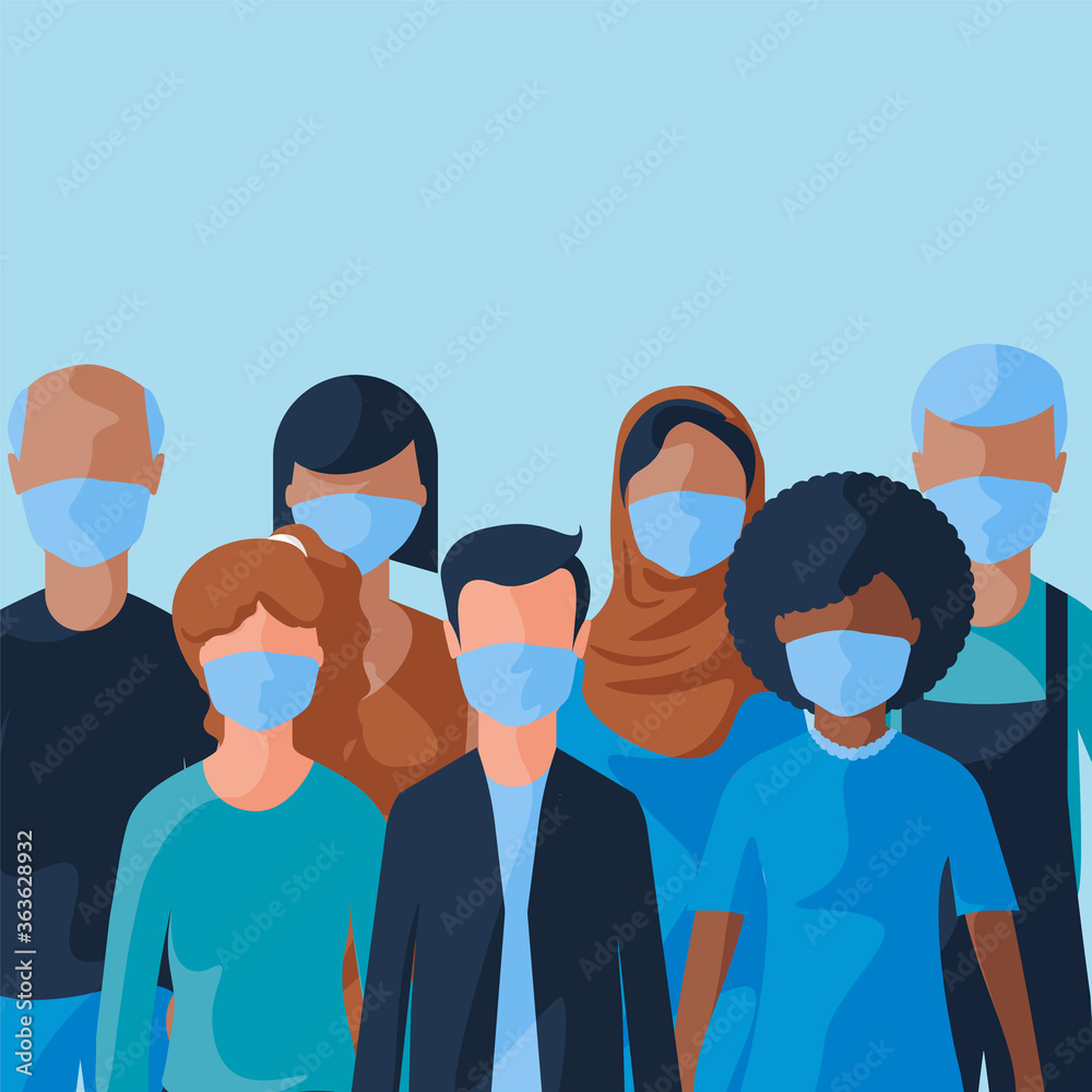 group of people with masks, protection for mouth, isolated, contamination outside group of people with masks, protection for mouth, isolated, contamination outside