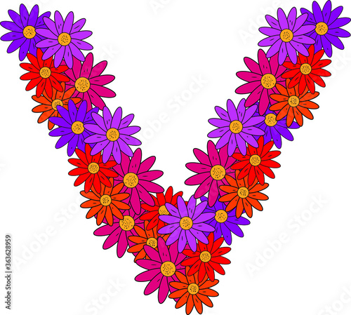 Obraz na płótnie Flower font. The letter V. Many colored flower heads. Inflorescence. Bright petals. Purple, pink, red, orange. Romantic summer lettering w salonie