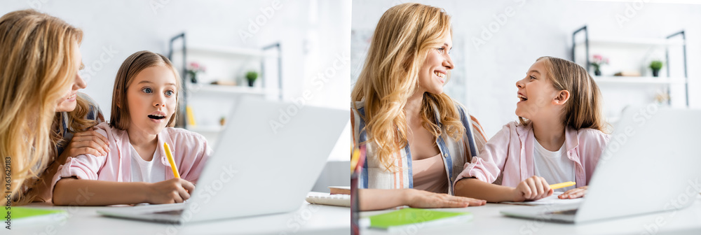 Collage of smiling mother helping daughter during electronic leaning at home - obrazy, fototapety, plakaty 