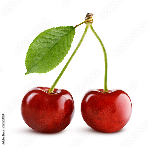 two ripe sweet cherries isolated on white
