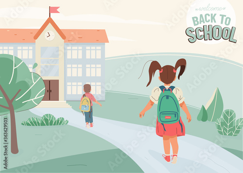 Back to school vector illustration background with greeting text. Little girl, boy go to school building, back view. Green landscape with construction, way, plants, trees