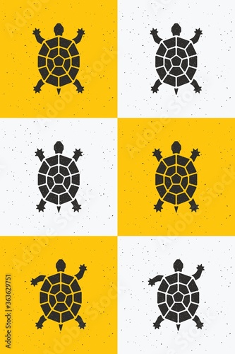 Set of color illustrations of a turtle in different forms on a colored background with grunge texture. Vector illustration on the theme of wildlife. Illustration in vintage style for logos.