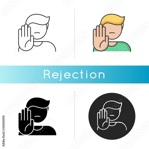 Rejection icon. Negative response, denial, offer refusal. Forbiddance, displeasure and disapproval. Linear black and RGB color styles. Person showing stop gesture isolated vector illustrations