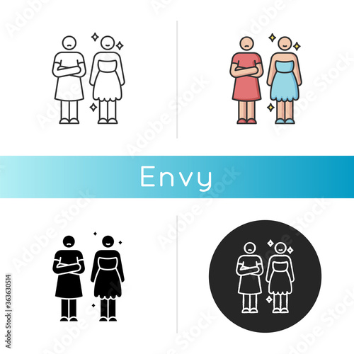 Envy icon. Negative emotion, human feeling, bad personality trait. Linear black and RGB color styles. Jealousy, mental displeasure. Happy and envious person isolated vector illustrations