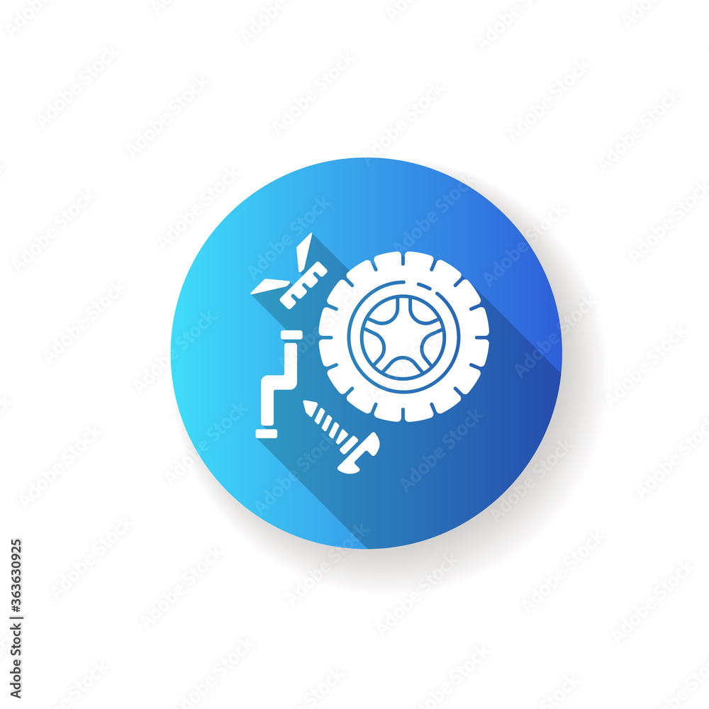 Spare parts blue flat design long shadow glyph icon. Industrial production process, car maintenance. Automobile repair service. Wheel and mechanical parts silhouette RGB color illustration Spare parts blue flat design long shadow glyph icon. Industrial production process, car maintenance. Automobile repair service. Wheel and mechanical parts silhouette RGB color illustration