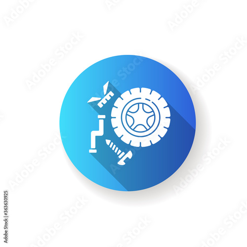 Spare parts blue flat design long shadow glyph icon. Industrial production process, car maintenance. Automobile repair service. Wheel and mechanical parts silhouette RGB color illustration