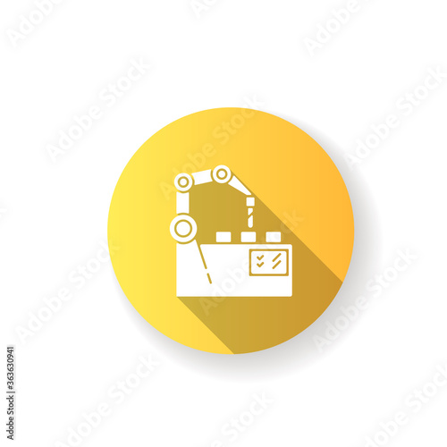 Production automation yellow flat design long shadow glyph icon. Industrial revolution, manufacturing process innovation. Mechanical assembly line. Robot arm silhouette RGB color illustration