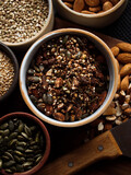 Traditional whole foods, grains, nuts and seeds in rustic, natural light setting with custom made cermics.