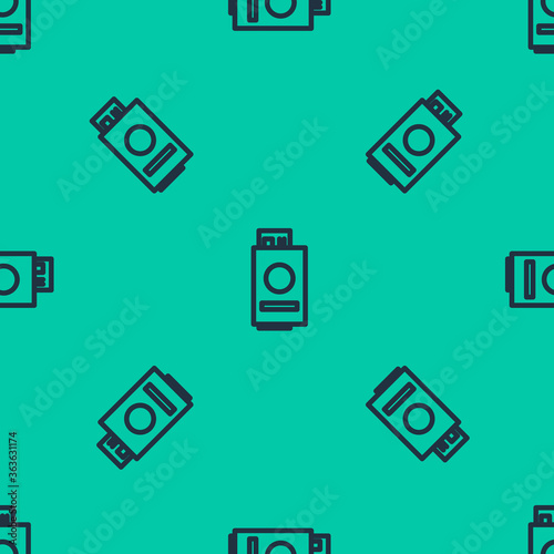 Blue line Passport with ticket icon isolated seamless pattern on green background. Identification Document. Concept travel and tourism. Vector Illustration.