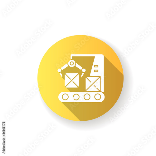 Production line yellow flat design long shadow glyph icon. Automated manufacturing process, modern industrial technology. Boxes on conveyor belt with robot arm silhouette RGB color illustration