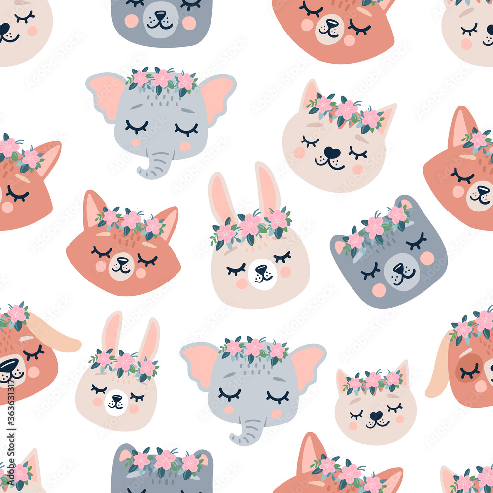 Cute seamless spring pattern with sleeping animals. Hand drawn background with animal for children.