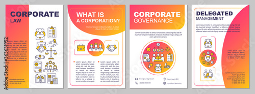 Business law brochure template. Corporate law. Delegated management. Flyer, booklet, leaflet print, cover design with linear icons. Vector layouts for magazines, annual reports, advertising posters
