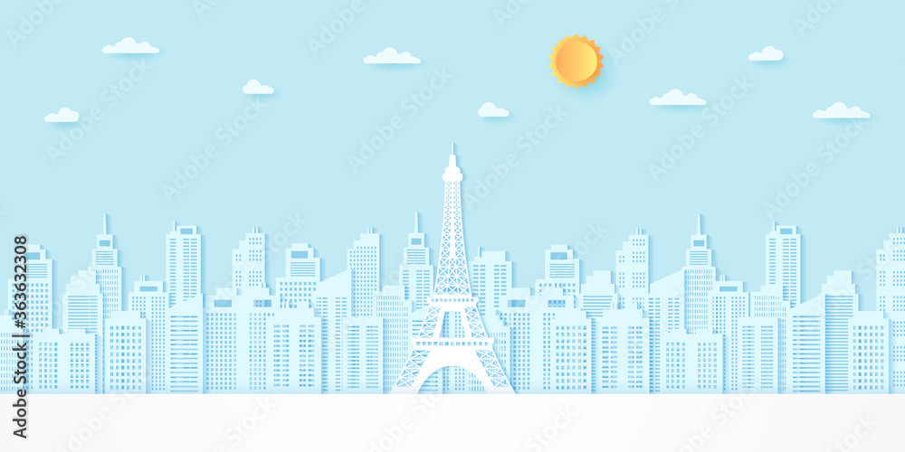 Eiffel tower among buildings with sun and cloud, paper art style