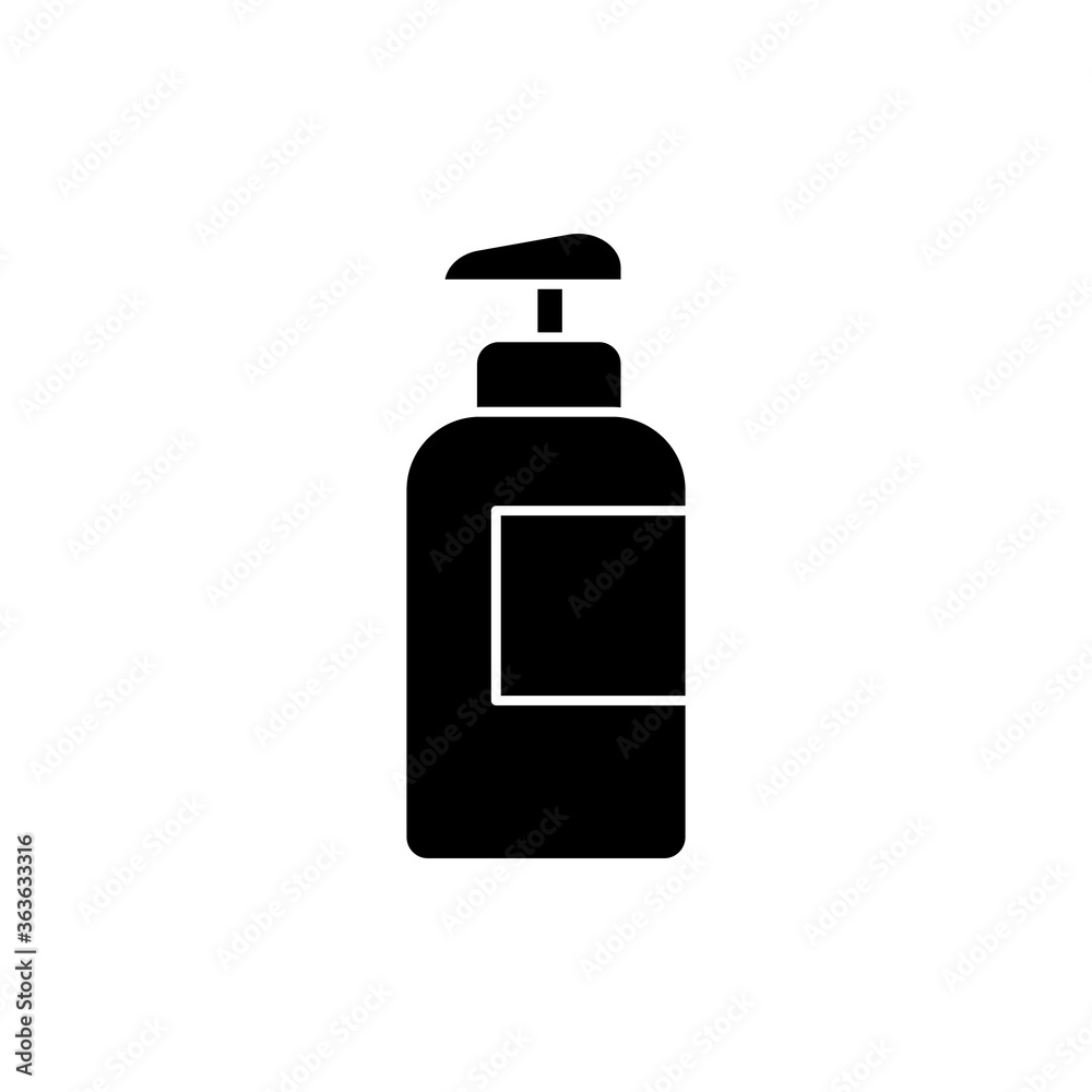 Lotion in bottle black glyph icon. Pump package for liquid soap. Container with dispenser. Makeup for personal care. Gel in plastic jar. Silhouette symbol on white space. Vector isolated illustration Lotion in bottle black glyph icon. Pump package for liquid soap. Container with dispenser. Makeup for personal care. Gel in plastic jar. Silhouette symbol on white space. Vector isolated illustration