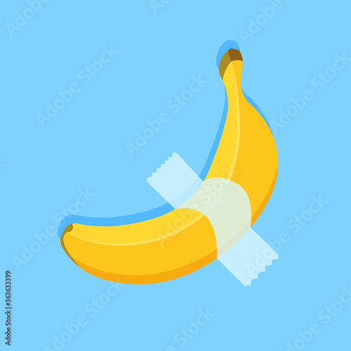 Vector cartoon banana glued to tape. Tropical fruits, banana snack or vegetarian nutrition. Vegan food vector icon in a trendy flat style. Healthy food concept.