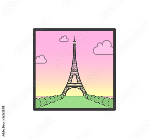 A framed vector illustration of a face-on view of the Eiffel Tower in Paris, France.	