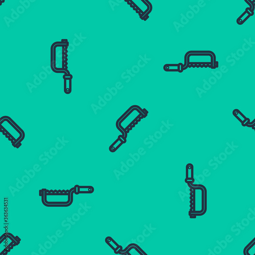 Blue line Hacksaw icon isolated seamless pattern on green background. Metal saw for wood and metal. Vector Illustration.
