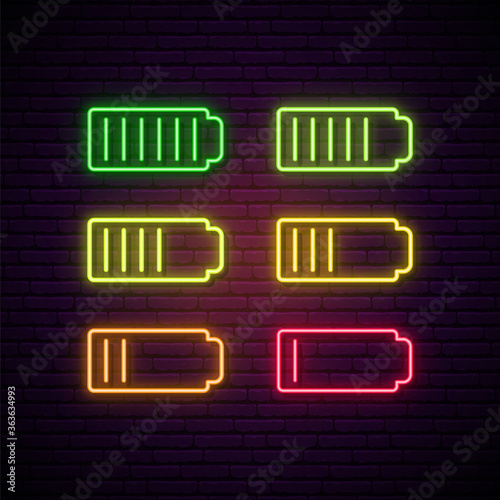 Set of battery neon sign. 6 glowing neon charger icons. Vector symbol of low and full battery.