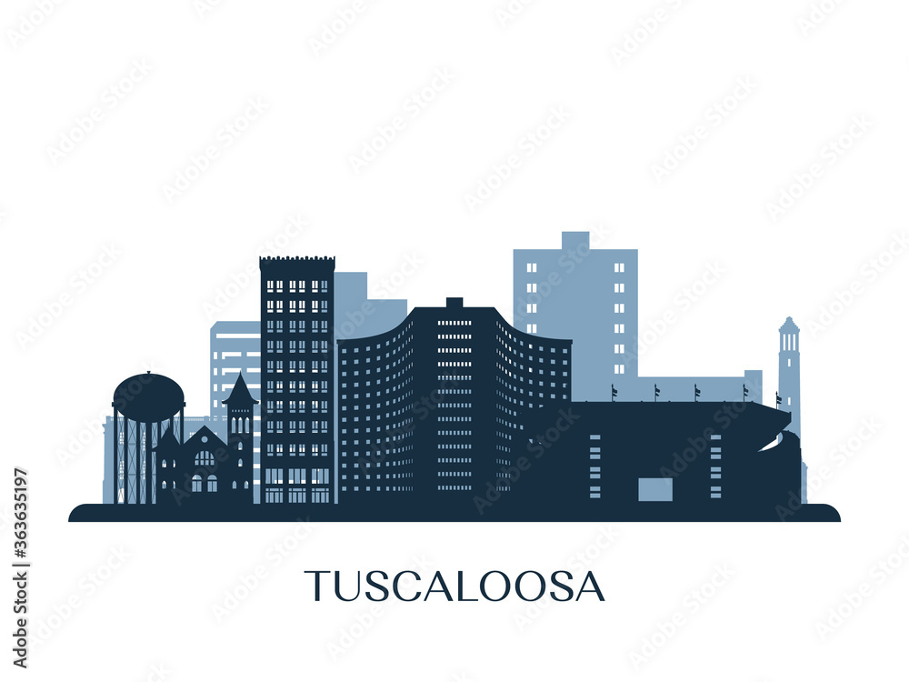 Tuscaloosa skyline, monochrome silhouette. Vector illustration.