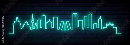 Blue neon skyline of Madrid city. Bright Madrid long banner. Vector illustration.