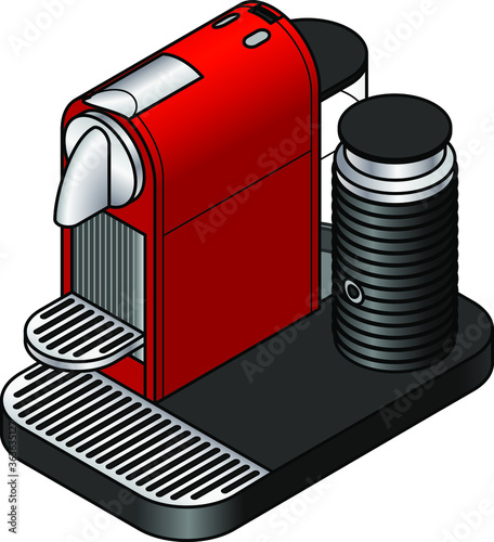 A red capsule coffee / espresso machine with a milk frother.