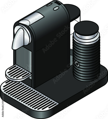 A black capsule coffee / espresso machine with a milk frother.