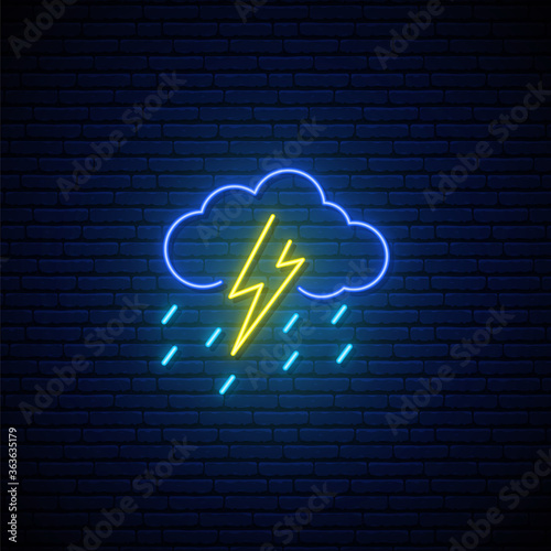 Weather neon sign. Glowing neon rain with thunder icon. Bright signboard, light banner. Vector illustration.