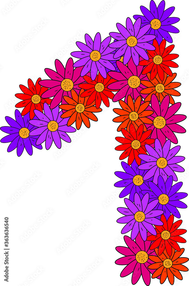Flower font. Arabic numeral 1. Lots of colorful flower heads. Inflorescence. Bright petals. Purple, pink, red, orange. Romantic summer lettering. Score, math