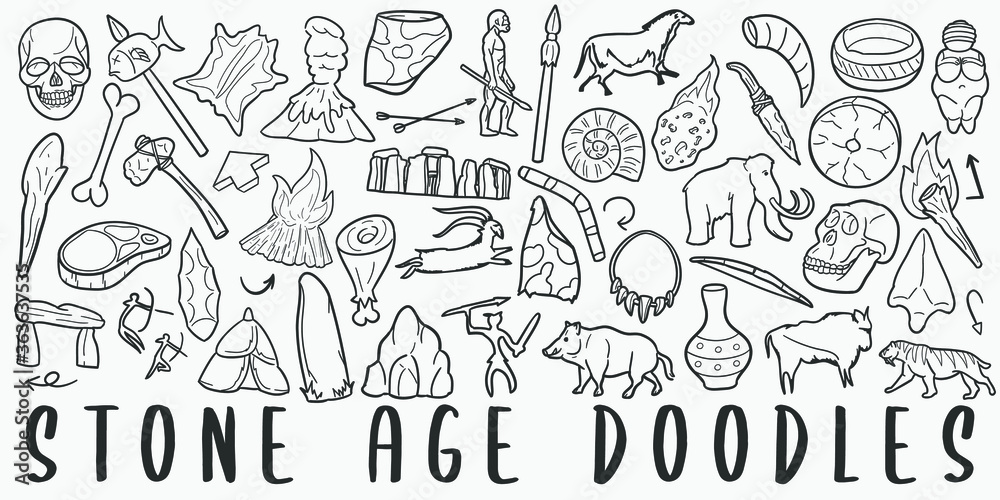 Stone Age Doodle Line Art Illustration. Hand Drawn Vector Clip Art. Banner Set Logos.