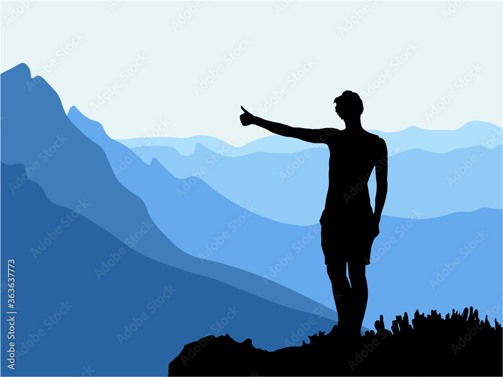 Black silhouette of man standing on the top of the hill, thumb up, enjoying beautiful view. Mountains in the background. Vector illustration.