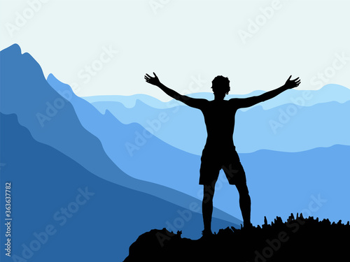 Black silhouette of man standing on the top of the hill, outstretched hands, enjoying beautiful view. Mountains in the background. Vector illustration.