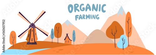 Vector illustration of agriculture, farm land, field. Logo for Agricultural company with slogan. Banner, annual report, prints, flyer, booklet brochure