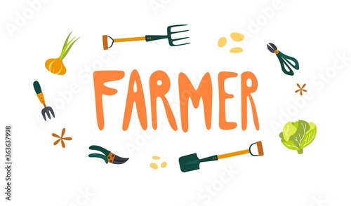 Organic farming. Gardening letterings. Local organic production cartoon vector illustration. Eat Local - vector print and lettering.