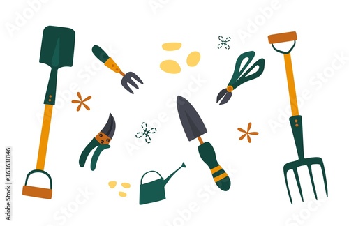 Garden tool vector gardening equipment rake or shovel and lawnmower of gardener farm collection or farming set illustration isolated on white background