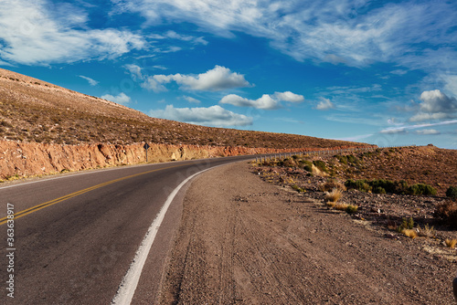 Cinematic road landscape. Humahuaca valley  Altiplano  Argentina. Misty road