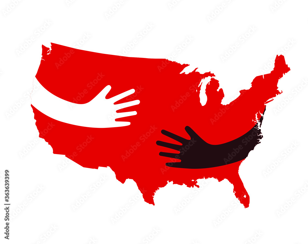 Vector map of North America getting a hug. Social poster. National equality. Freedom. Democracy USA
Vector map of North America getting a hug. Social poster. National equality. Freedom. Democracy USA