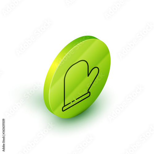 Isometric line Oven glove icon isolated on white background. Kitchen potholder sign. Cooking glove. Green circle button. Vector.
