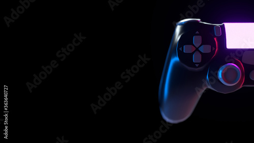 Neon console gamepad on black background. 3d illustration of gaming controller