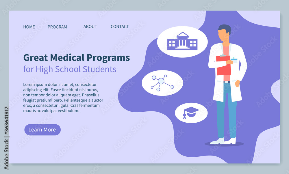 Landing page of website, great medical programs for high school students, medical education. Doctor physician therapist with clipboard. Icon of university, chemistry, education. Medical website