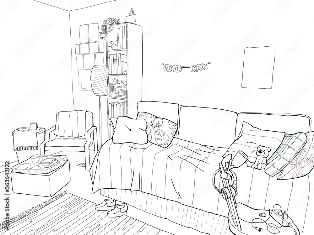 line drawing of a modern studio apartment