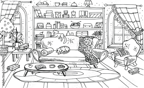 coloring book freehand drawing liner outline living room and cats shelves with books armchair sofa interior comfort