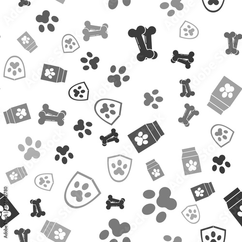 Set Dog bone, Paw print, Bag of food for pet and Animal health insurance on seamless pattern. Vector.