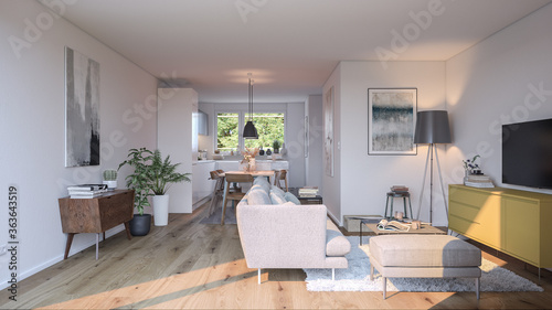 look inside modern european apartment with sofa, kitchen and oak wooden floor - 3d rendering photo