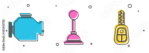 Set Check engine, Gear shifter and Car key with remote icon. Vector.