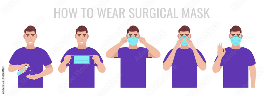 Infographic about how to wear surgical mask correct. Man presenting the ...