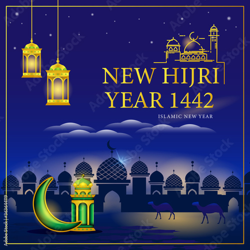 Islamic new year and happy muharram 1442 H greeting card design and background