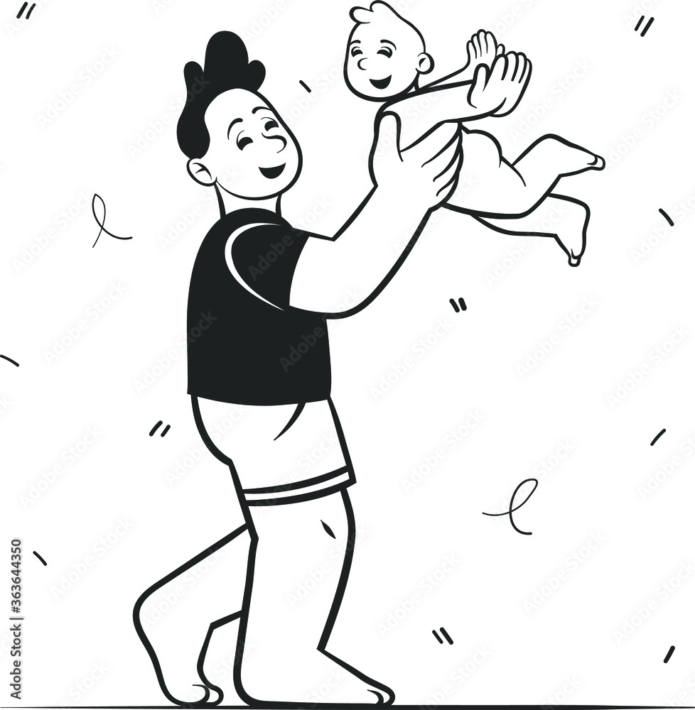 Fototapeta premium Dad playing with child. Man in a black t-shirt. Little baby. Isolated sketch object. Flat vector illustration.