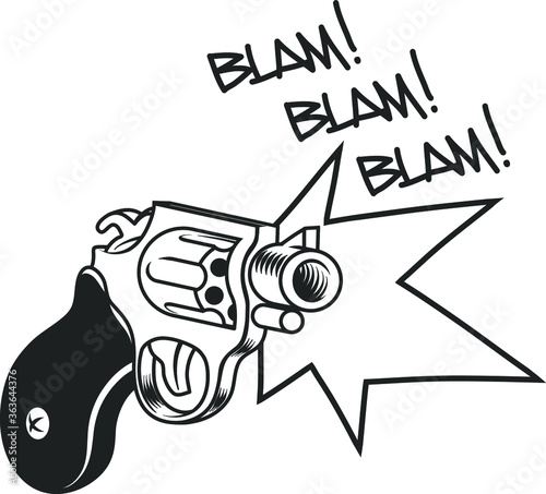 Revolver. Shot of gun with flash. Vector illustration, firearm Isolated. Line drawing in ink. Flat vector illustration.