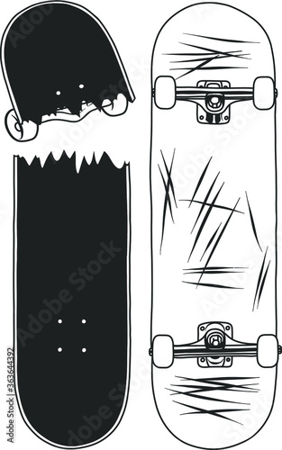 Vector engraved style illustration for posters, logo, decoration and print. Line work of skateboard isolated on white background. Line drawing in ink